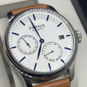 PARNIS 43mm White Dial Calendar Power Reserve Seagull Leather Automatic Watch
